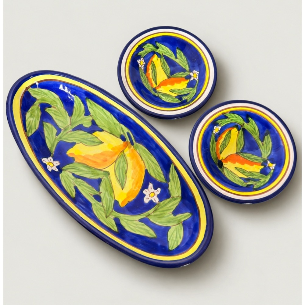 Le Souk Ceramique Citronique Lemon 3pc Serving Set Platter Bowls Tunisia
